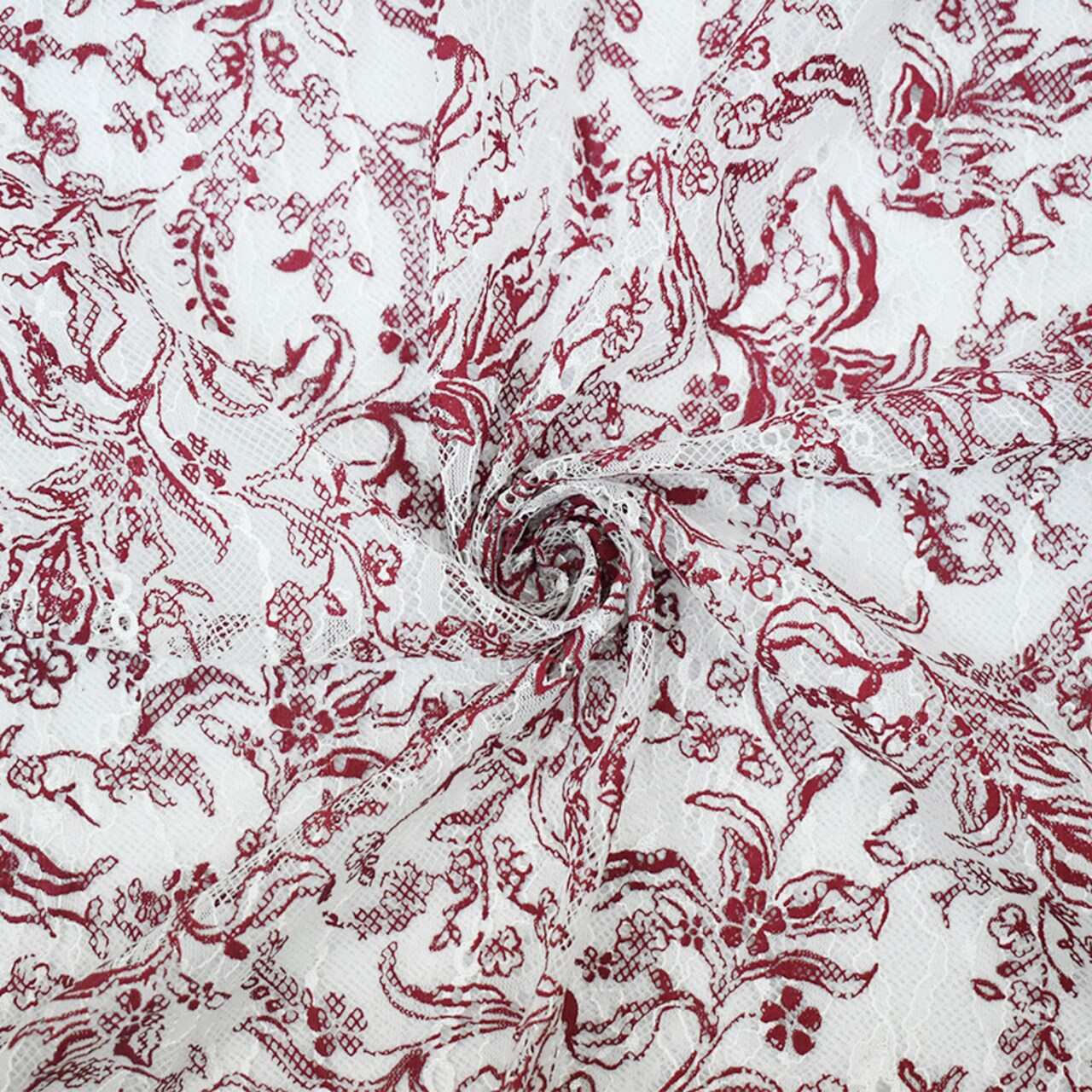 White-Deep Red Nylon Floral Vine Printed Lace Mesh Knit Fabric By the Yard